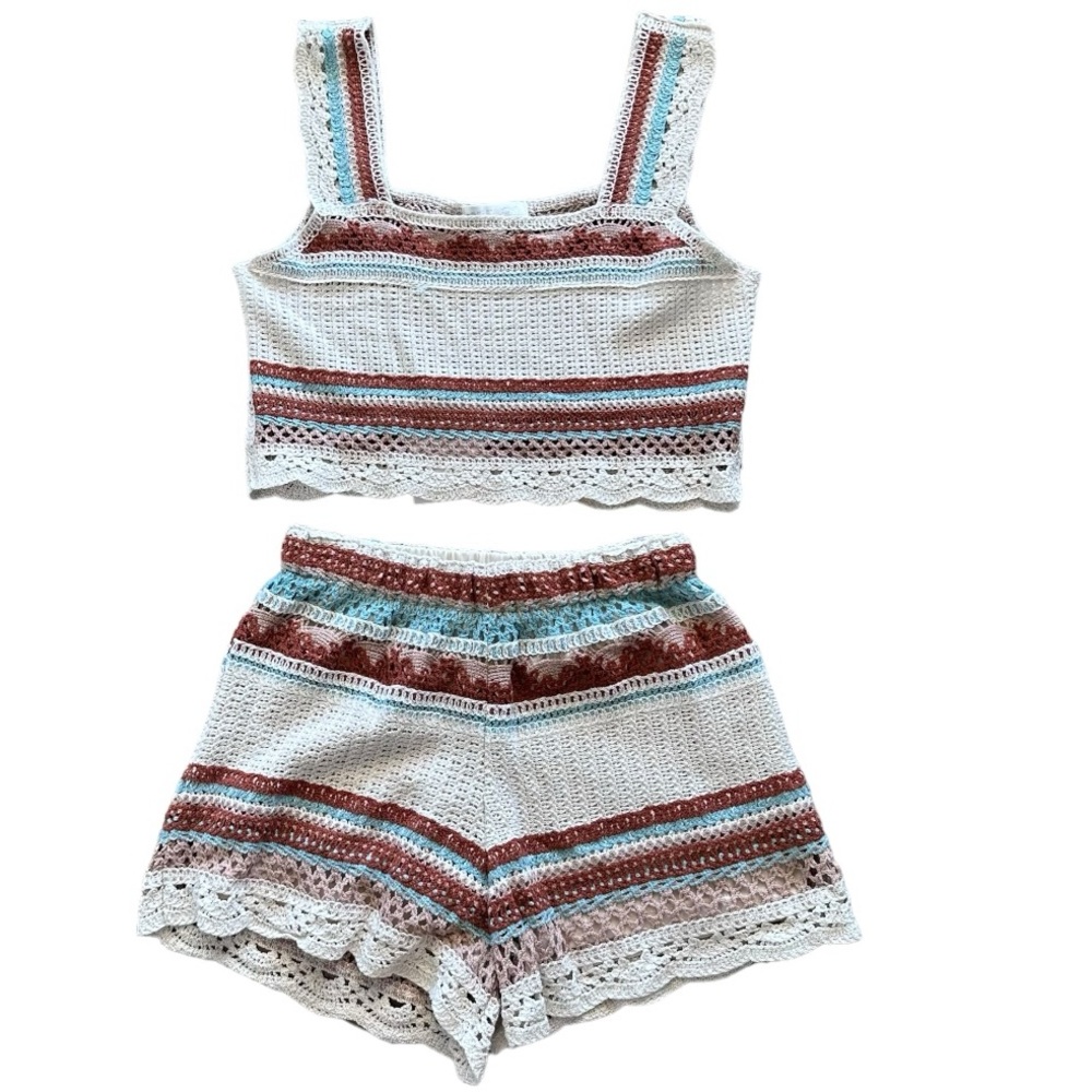 Rebellion Again Crochet Short Set Cream Rust and Turquoise Color Size S NWT